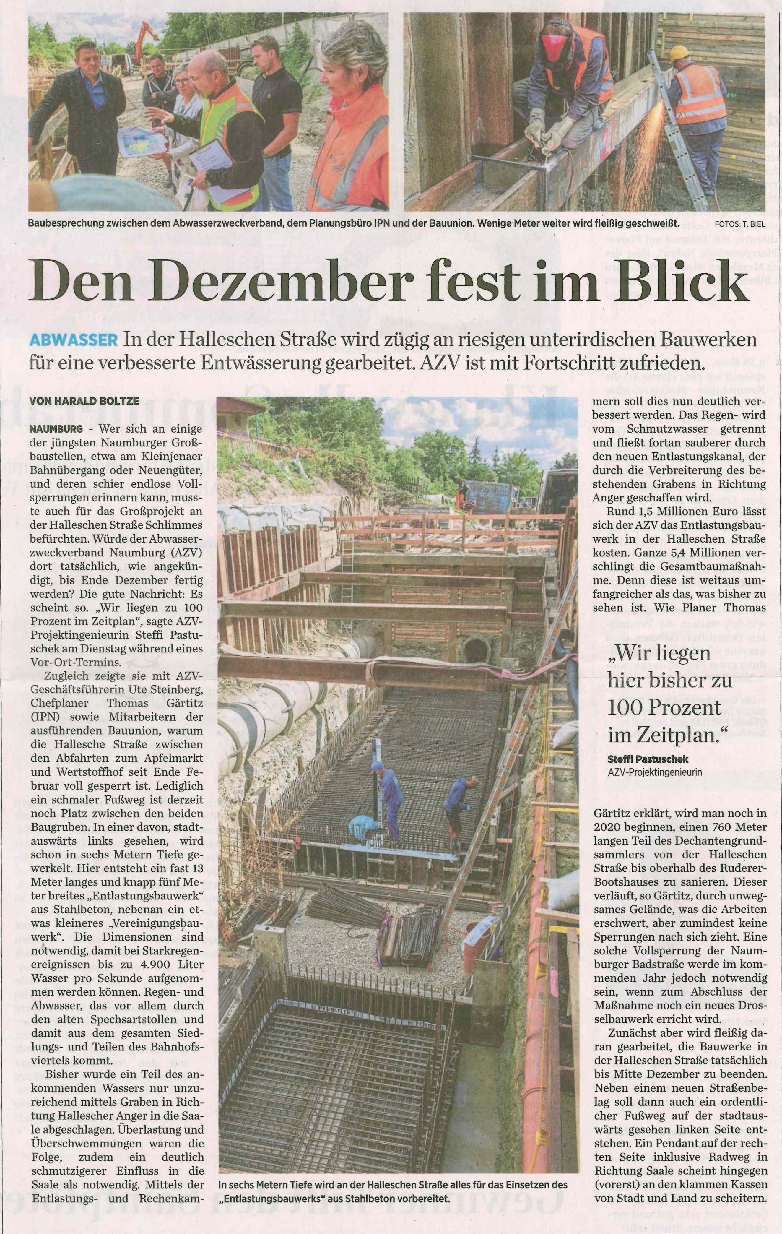 Presseartikel: verbesserte Entwässerung Hallesche Straße Naumburg (Quelle: MZ Naumburg/Nebra vom 09.07.2020)